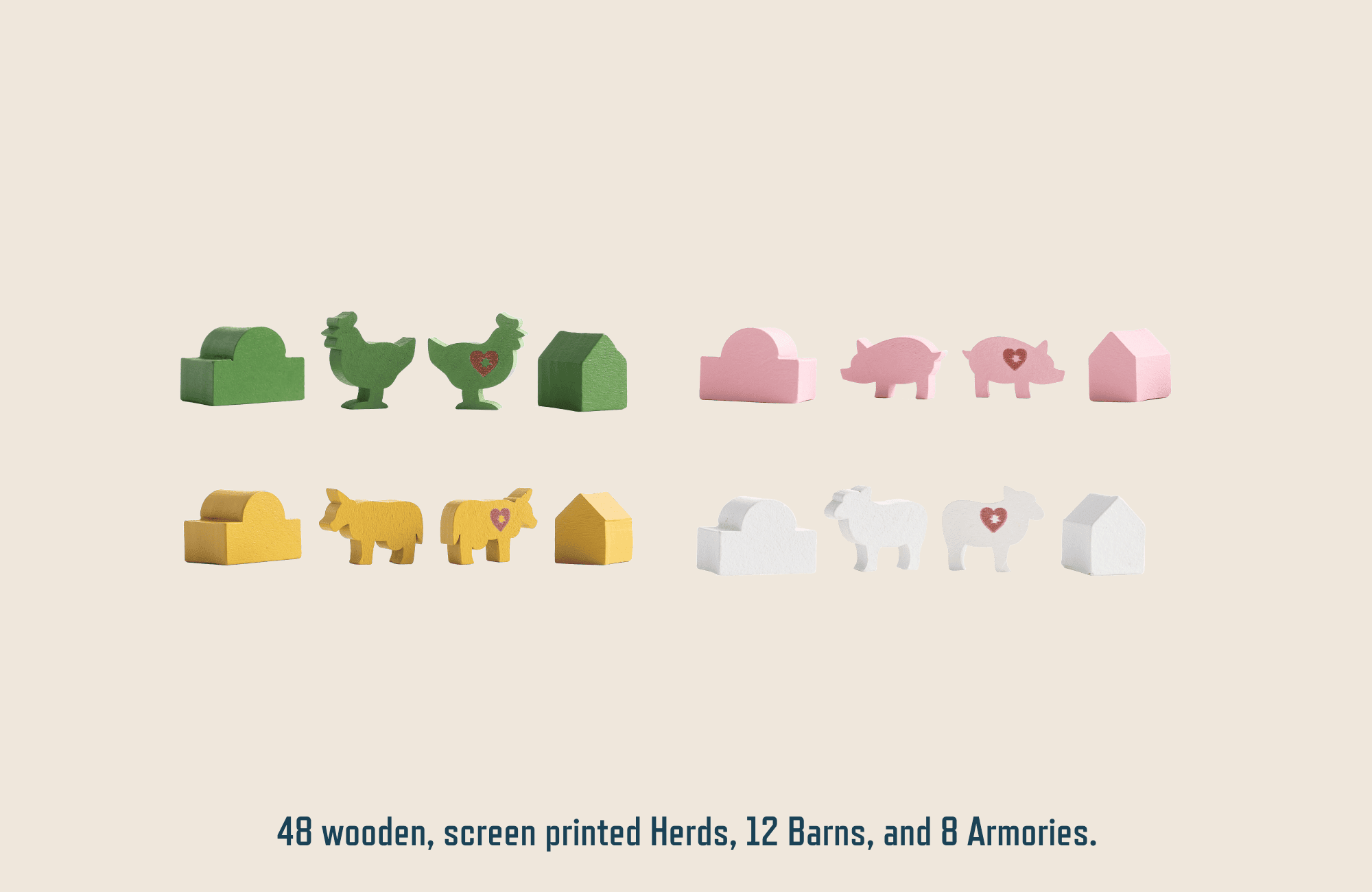 48 wooden, screen printed Herds, 12 Barns, and 8 Armories.